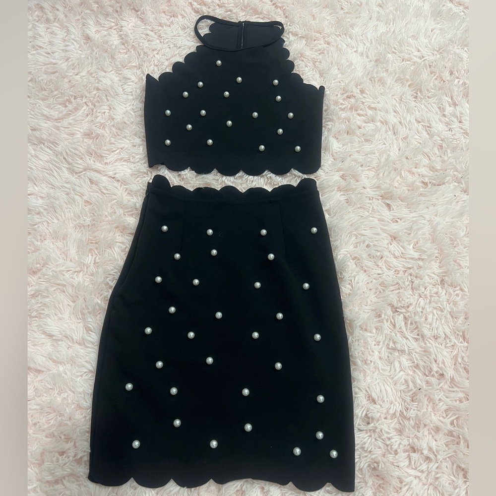 Black Two-Piece Set with Pearl Accents